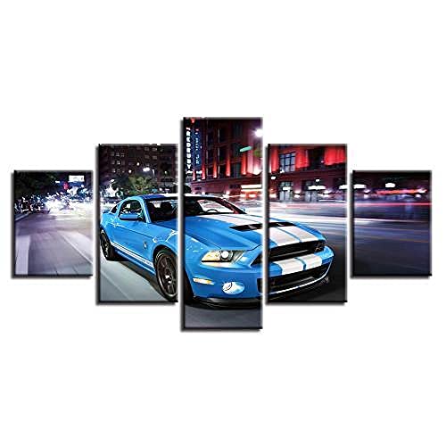 Peinture sur toile moderne voiture de sport bleue lot de 5 panneaux amovibles pour salon