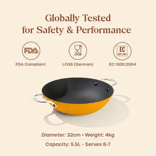 Image of CUMIN CO. Enamel Cast Iron Kadai LITE with Lid | 4L, 28 cm |5 Years Warranty | Non Toxic Heavy Bottom Kadhai for Frying | Induction & Gas Compatible | Chemical Free Coating | Mustard