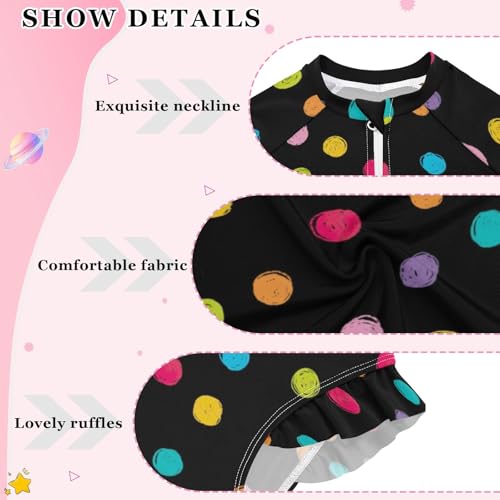 CHIFIGNO Crayon Polka Dots Black Rashguard One Piece Swimsuits for Girls Long Sleeve Zipper Swimwear 3T4