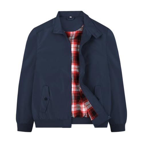 Image of SUNDAY ROSE Harrington Jacket Mens Classic Retro Casual Vintage Mod Bomber Jackets Coat Tartan Lining Dark Blue L