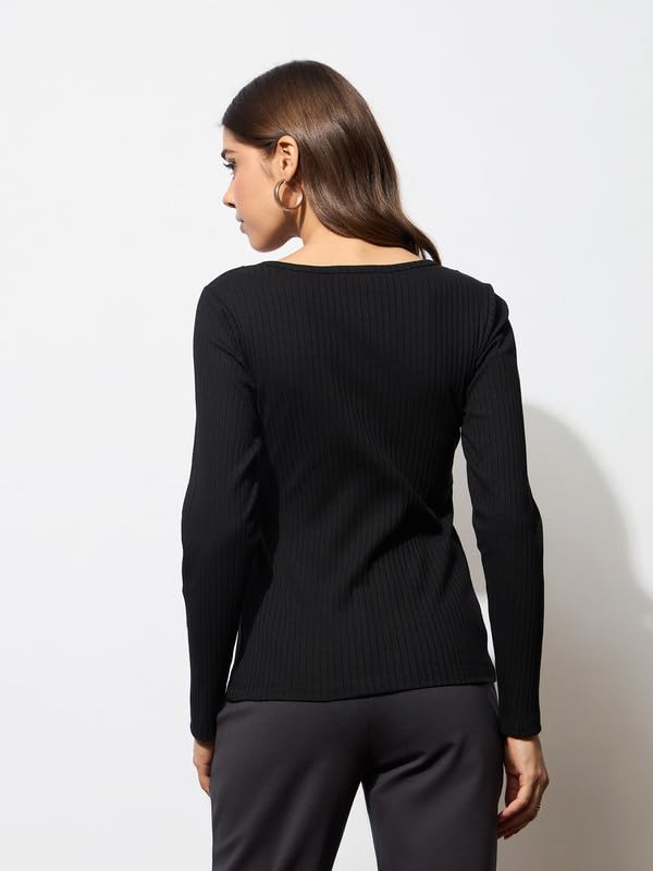 Image of barcino Black Rib Stitch Square Neck Full Sleeves Top