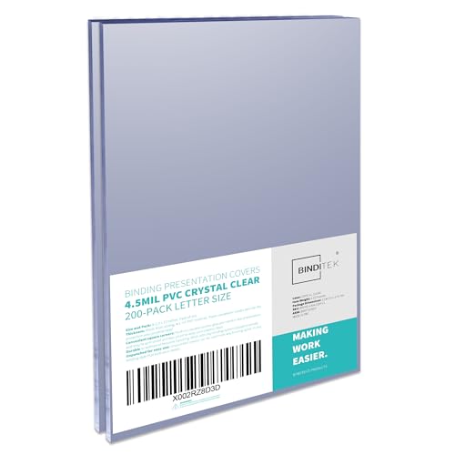 Binditek 200 Pack 4.5 Mil PVC Binding Covers, 8.5 x 11 Inches, Letter Size, Square Corners, Un-Punched, Office Supplies