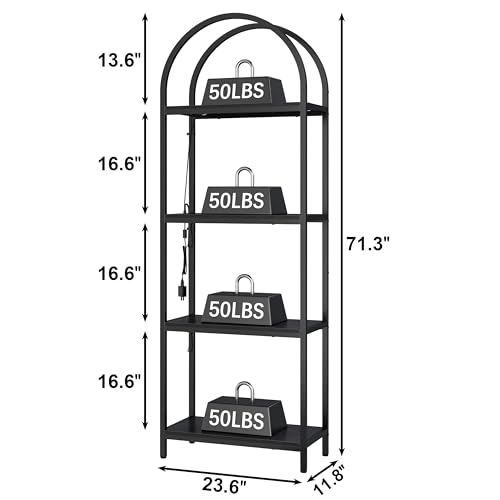 Image of Yusong LED Bookshelf 4 Tier Arched Bookcase, 71.3 inch Tall Industrial Open Book Shelves for Living Room, Modern Freestanding Display Storage Rack with Metal Frame, Office, Bedroom, Black