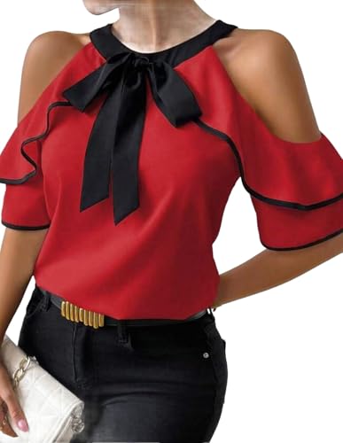 Stylish Bow Tie Cold Shoulder Top with Flowy Ruffled Sleeves Perfect for Date Night or Going Out