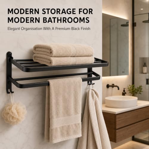 Image of ZAP Exotic Series Stainless Steel Towel Rack with Hooks, 59 CM Wall Mounted Bathroom Towel Holder, Multipurpose Storage Shelf for Towels and Clothes, Rust-Resistant Black Finish