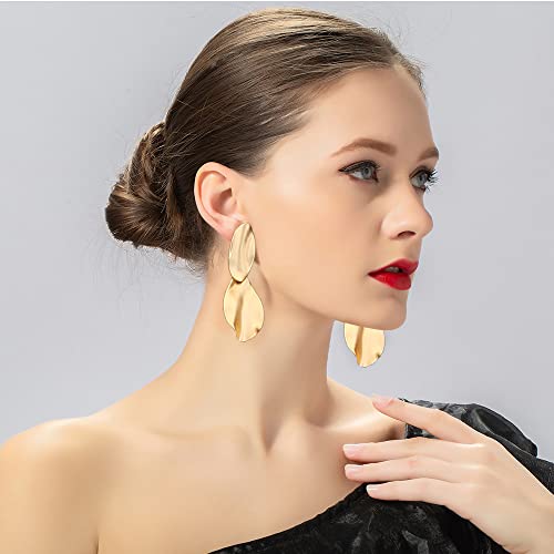 Matte Gold Silver Hammered Long Drop Clip On Earrings Large Unique Statement Clip Earrings for Women3