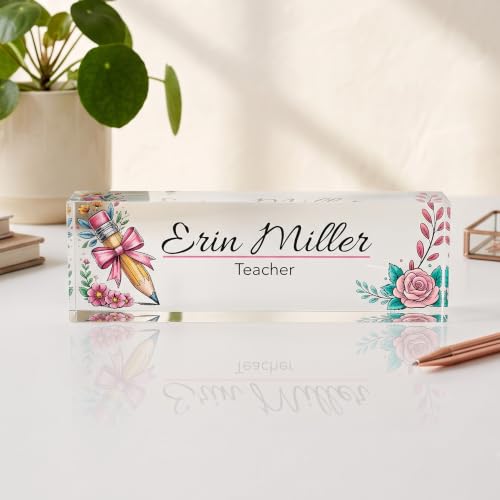 Image of Personalized Acrylic Name Plate with Pencil Flower Design | Custom Desk Name Block, Office Desk Sign, Wooden Stand Name Plaque Gift
