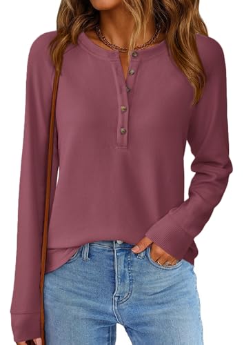 Image of PRETTYGARDEN Women's Long Sleeve Waffle Knit Henley Shirts