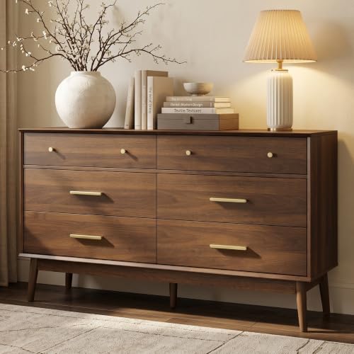 RIHHA Mid Century Modern 6 Drawer Dresser for Bedroom, 54" W, Dark Walnut