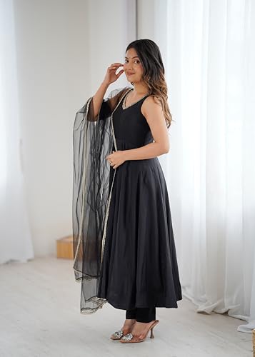 Image of Women Designer Chanderi Silk Anarkali Kurta Set with Dupatta & Pant Fully Flared Gown Style Ethnic Kurti Set