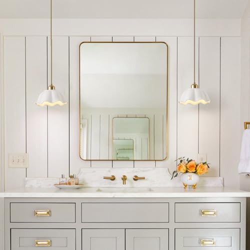Image of Ceramic Pendant Light Nordic Vintage Mid Century Modern Hanging Lamp White Wave Ceramic Shade Brass Finish Ceiling Pendant Light for Bedside Dining Room Kitchen Island