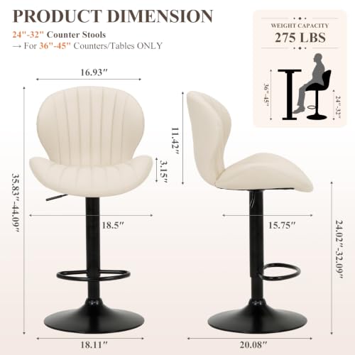 Image of COLAMY Bar Stools Set of 2,Swivel Adjustable Height Leather Bar Chair,Beige