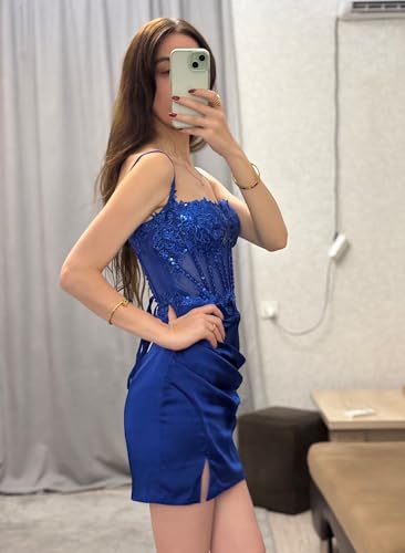Wchecalino Satin Homecoming Dresses 2025 Tight Spaghetti Strap Short Lace Applique Corset Formal Cocktail Party Mini Gowns4