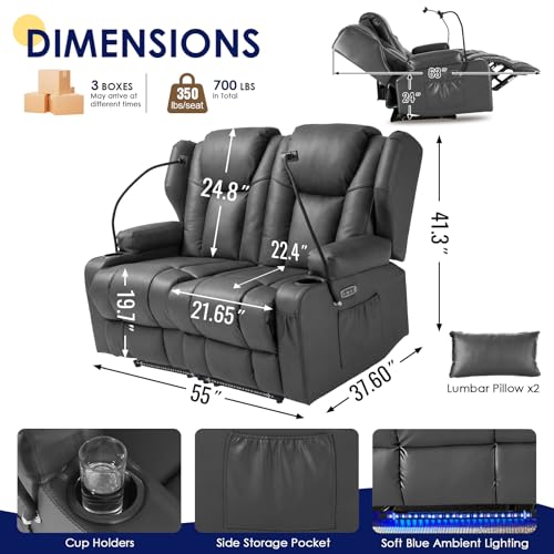 Image of Redlife Power Loveseat Recliner Sofa, PU Leather Dual Reclining Couch with Vibration & Heating, Blue LED Base Lights, USB Ports, Cup Holders & Phone Holders, Home Theater & RV Reclining (Gray)