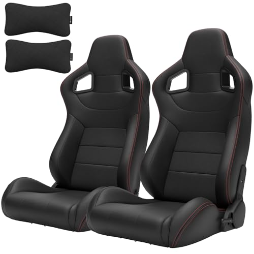 Hmluxury 2 Pcs Universal Bucket Racing Seats, PVC Leather Adjustable