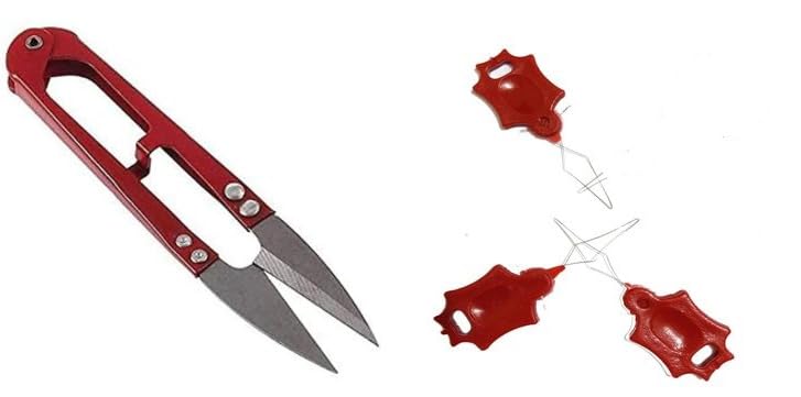 On Blow Combo Pack of Metal Sewing Snips Thread Cutter Scissors (1) + Needle Threader Plastic Wire Loop DIY Hand Machine Sewing Tool (3) | Random Colors