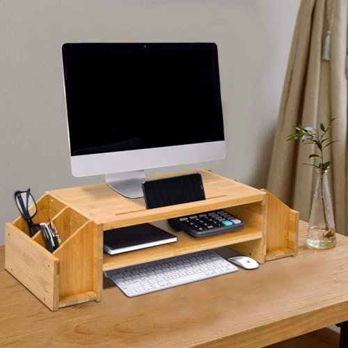 Image of Wooden Monitor Stand Riser with Storage Compartment and Lockable Storage Drawer Stand | Adjustable Desktop Organizer for Computer, Flax, Laptop & Printer (Wooden Monitor Stand)