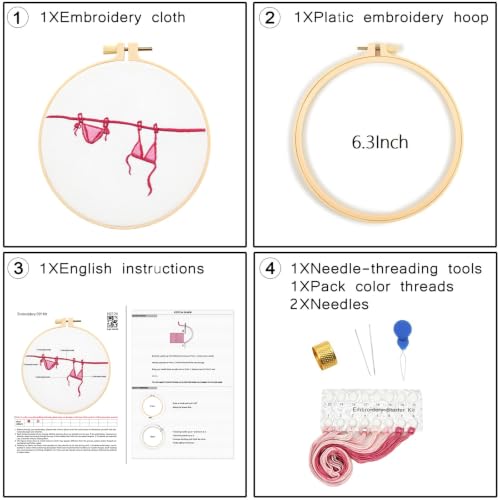 Image of Crafmanoe Easy Hand Embroidery Kits for Adults Beginners, Embroidery Starters Kits, Pink Bikini Stamped Cross Stitch Kits Needlepoint Kits for Beginners Adults, Embroidery Hoop, Thread, Video Tutorial