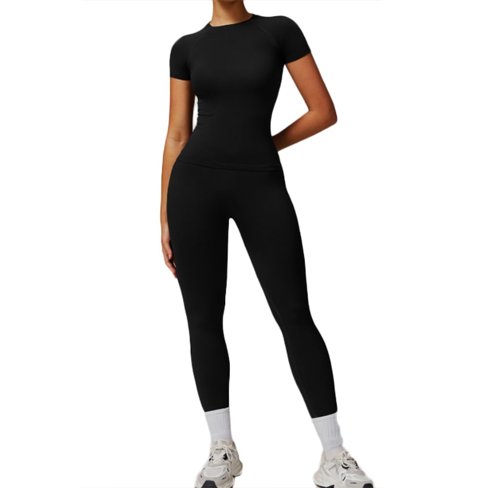 Xyffybhsd Women's Black 2 Piece Workout Short Sleeve Crop Top With High Waisted Running Shorts Sets Activewear (Size:m,Color:black)