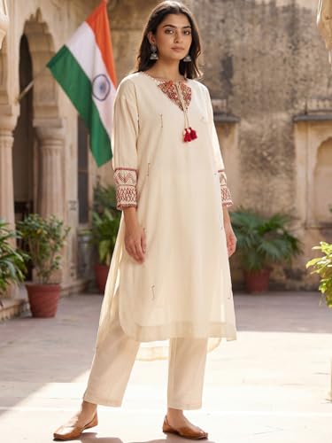Image of INDO ERA Women's Pure Cotton Ethnic Motifs Embroidered Straight Kurta & Pant Set (IERTF11334)