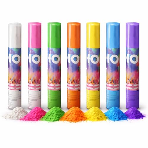 ZENDA CLUB® Lot de 7 Canons à Poudre Holi – 7 Couleurs Intenses – Blanc, Rose, Vert, Orange, Jaune, Bleu, Violet – Canon Holi Non Toxique – Effet...