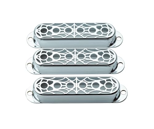 Guyker 3Pcs Single Coil Guitar Pickup Covers (52mm Pole Spacing), Copper Hollow Out Spider Web Style Pickup Mounting Ring Set Guitar Accessories Replacement Part(PS007, Chrome)