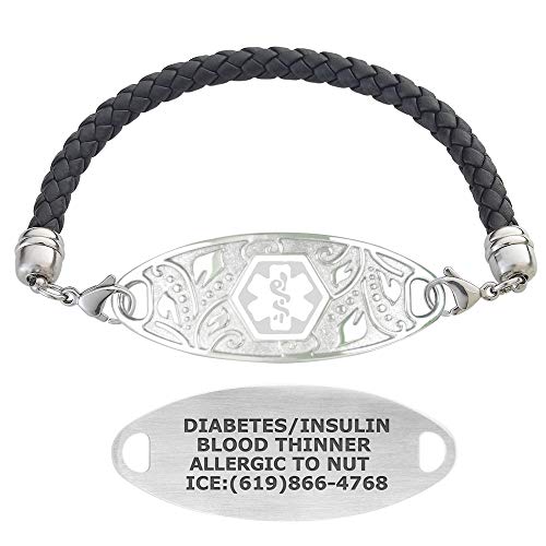 Divoti Custom Engraved Medical Alert Bracelets for Women, Stainless Steel Medical Bracelet, Medical ID Bracelet w/Free Engraving  Lovely Filigree Tag w/Black Braided Leather-White-6.5