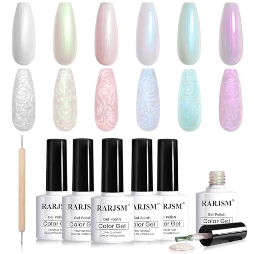 RARJSM Pearl Gel Nail Polish Set of 6 Shell Glitter Pearlescent Gel Polish Pink Beige Pearl Blue Green Purple Shimmer Mermaid Swirl Thread Effect Nail Soak Off LED UV Curing Requires DIY Manicure