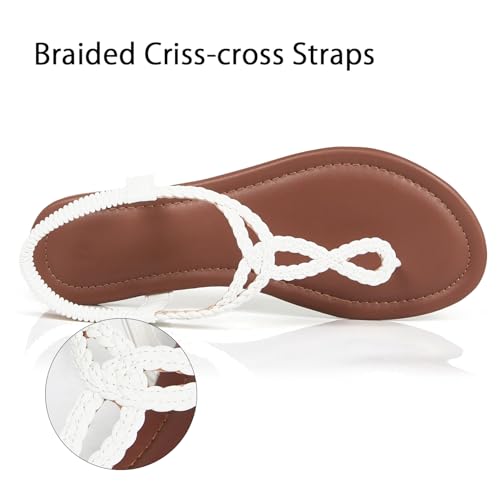 Image of iCKER Womens Braided T‑Strap Flat Sandals Elastic Stretch Ankle Strap | Boho cute casual lightweight and comfort matches dresses for beach vacation