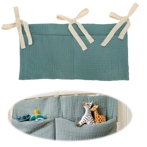 KOLZEMV Babybett Organizer, Kinderzimmer Hängender Bett Organizer mit 2 Taschen, Organizer Beistellbett Baby, Betttasche Spielzeugtasche, Aufbewahrungstaschen für Betten für Spielzeug（Blau）