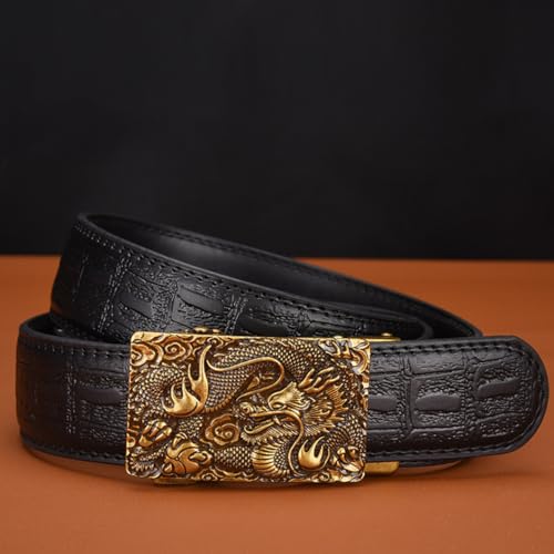 Men Ratchet Crocodile Pattern Embossed Belt with Dragon Rectangle Sculpture Automatic Buckle Handmade Black Strap3