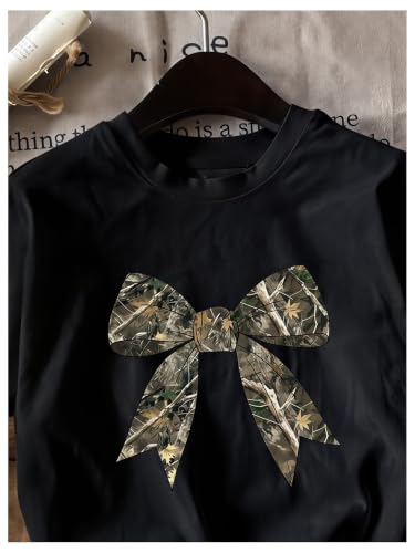 Image of SHENHE Girl's Graphic Bow Tshirt Crew Neck Short Sleeve Camo Print Loose Fit Tee Top