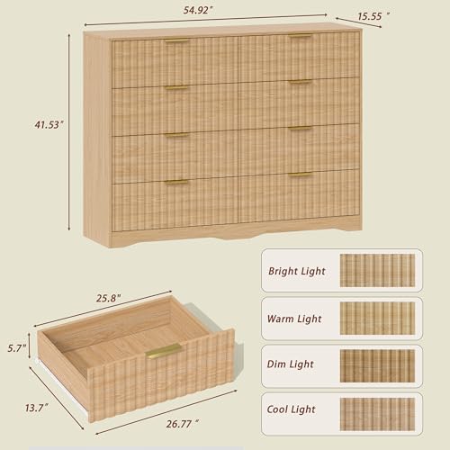Image of Fluted 8 Drawer Dresser for Bedroom, 55 inch Wide Modern Wooden Chest of Drawers with Metal Handles, TV Stand & Closet Storage Organizer for Living Room,Hallway, Natural Wood
