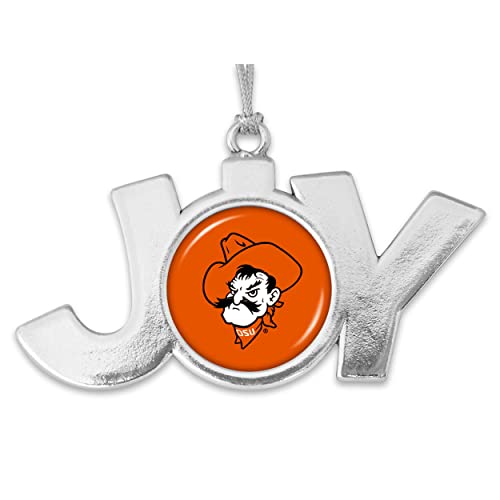 Oklahoma State Joy with Team Logo Silver Metal Christmas Ornament Gift Tree Decoration OSU