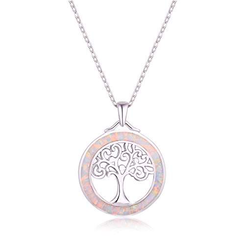 Sweet & Soft 18k White Gold Plated & Created Opal Tree of Life Pendant Necklace