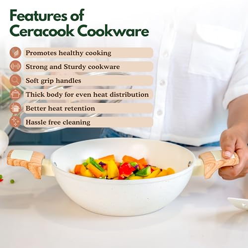 Image of Kreme Ceracook Ceramic Coated Granite Kadai 2.5L /24cm with Glass Lid, Deep Frying Kadhai, ISI Certified, Forged Aluminium, Gas & Induction Use, Non Toxic PFAS & PTFE Free, 1 Yr Warranty, Ivory