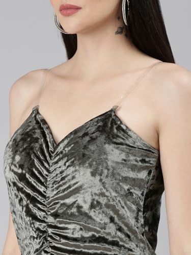 Image of SHOWOFFFF Women Solid Bodycon Party Dress | Sweetheart Neck Sleeveless Velvet Dress for Womens | Knee Length Dress for Women's
