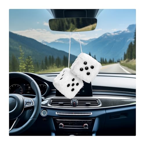 Fkewp Pair of Fuzzy Plush Dice for Car, 3 Inch Retro Square Auto Rearview Mirror Hanging Ornament with Dots, Soft Plush Dice Couple Pendant Cute Mirror Decoration for Women (White)