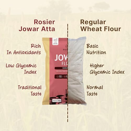 Image of ROSIER Jowar Atta 1kg | 100% Sorghum Flour | Gluten-Free, High Fibre Atta | Chakki Ground | Light & Easy to Digest | Source of Iron | No Additives, No Preservatives