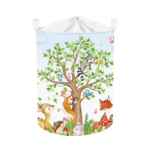 Clastyle 45L Frühling Wald Baum Tiere Junge Mädchen Grün Wäschekorb Rehkitz Eichhörnchen Fuchs Rund Spielzeug Kleidung Aufbewahrungskorb für Kinderzimmer, 36×45 cm., 11.1 €