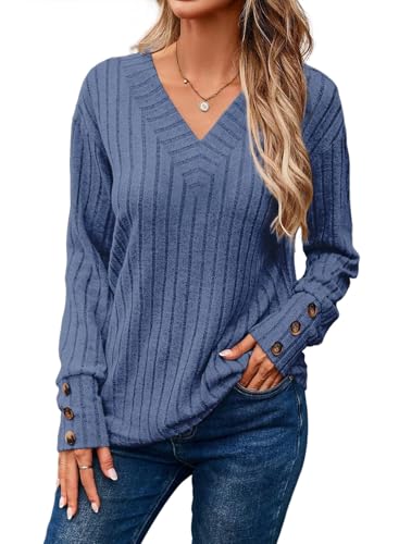 Image of Dokotoo Womens Tops V Neck Lightweight Sweater Fall Long Sleeve Top 2026 | Decorative Buttons, Soft Breathable Knit Material, Pullover Tunic Tops, Business Casual, Fall Outfits, Winter Clothing 2026