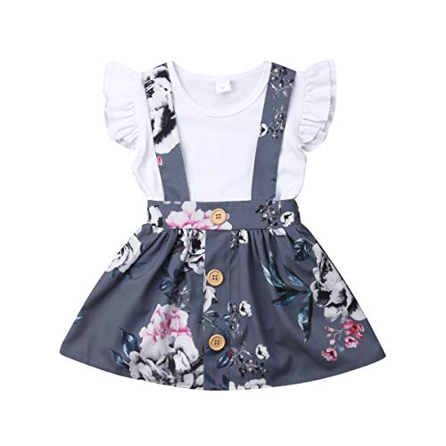 Loalirando - Conjunto de falda con tirantes y flores estampadas y mameluco con volante, multicolor, 12-18 Meses