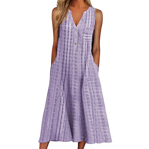 Image of Women Casual Dress Summer Stripe Button V Neck Sleeveless with Pocket Long Dresses Holiday Beach Party Midi Dress