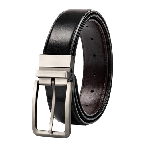 Men’s Reversible Business Leather Belt Push-In Pin Buckle Design Black Strap for Trousers Formal and Office Style