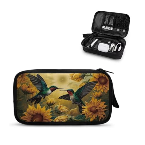 Sepetwhos Sunflower Hummingbird Print Cable Organizer Bag, Waterproof Travel Electronic Storage, Shockproof Portable Tech Bag Carrying Case for Cord, Earbuds, Charger, SD Card, Tech Gifts
