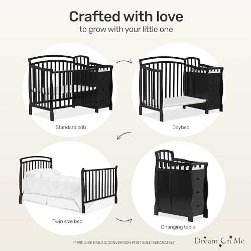Image of Dream On Me Casco 3-in-1 Mini Convertible Baby Crib & Changer with Storage in Black, Pinewood, GreenGuard Gold & BSA, 1 inch Mattress Pad, 3 Mattress Heights, Converts to Mini Day & Twin-Size Bed