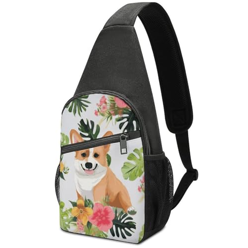 Bolso Cruzado Casual con Estampado Tropical y Corgi para Viaje miniatura 1
