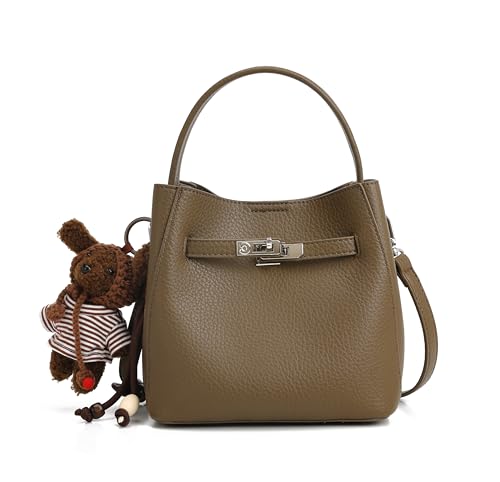 Ladies wallet light luxury bucket bag lychee patterned handbag high-end sense one shoulder versatile crossbody bag (Elephant Grey)
