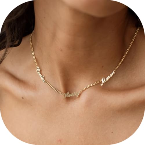 Personalized Name Necklace with Curb Chain, 18K Gold Plated Handmade Custom Family Choker Customized Child Nameplate Necklace Mother's Day Jewelry Gift for Mom, Wife (3 Names Necklace)