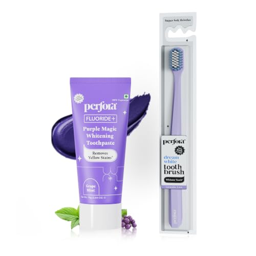 Buy Perfora Purple Whitening Toothpaste 75g With Manual Toothbrush| Purple Toothpaste For Teeth Whitening | Teeth Stain Remover | Enamel Safe & Effective Teeth Whitener Oral care | Grape Mint Online at Low Prices in India - Amazon.in - Image 2